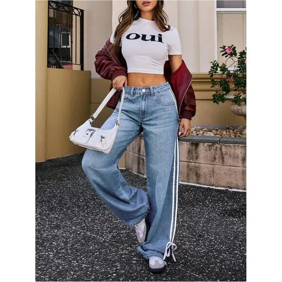 Women's Wide Leg Denim Jeans Light Wash High Waist Side Stripe Pockets - Picture 5 of 5